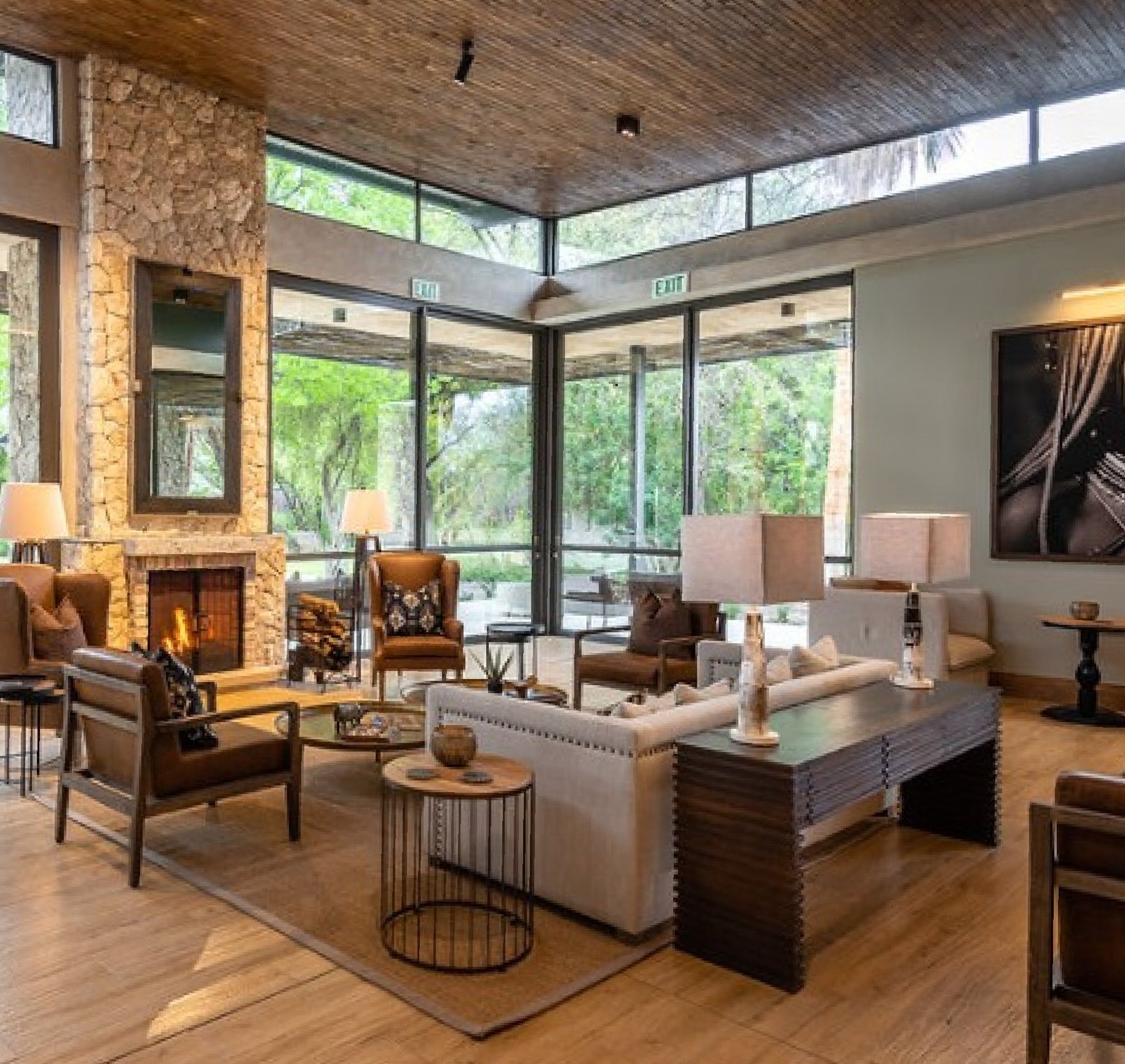 Fireplace lounge with solid timber and leather seating
